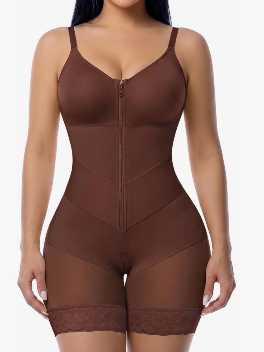 Yianna Brown Full-Body Shapewear Bodysuit with V tummy control